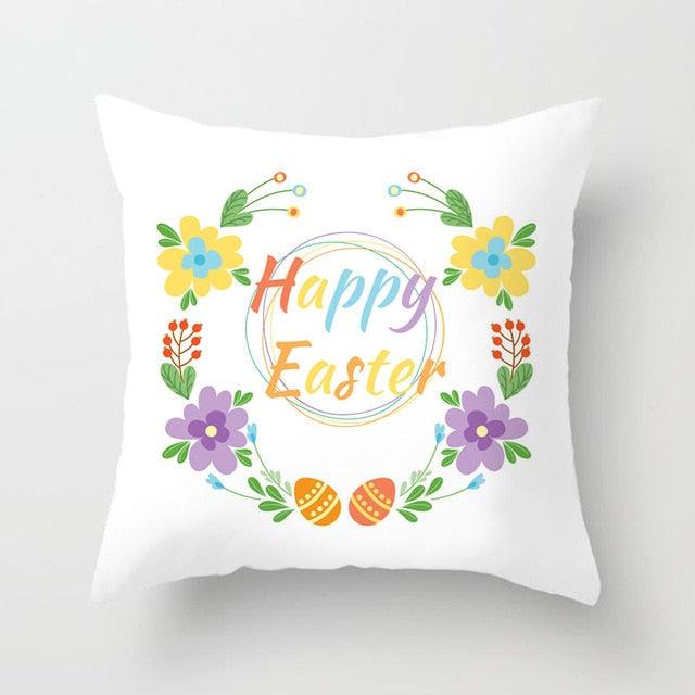 Happy Easter Pillowcase Easter Decorations For Home Party Rabbit Eggs Spring Easter Decor Linen Throw Pillow Cover Case Farmhouse Eggs Tree Rabbit Holiday Cushion Cover Polyester Pillow Cover