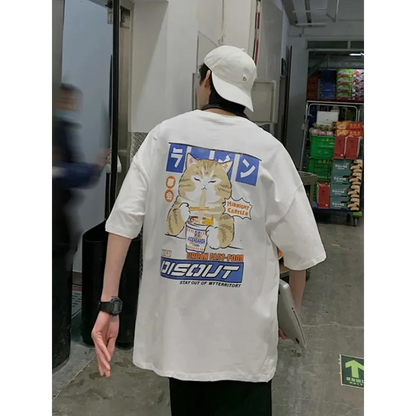 Harajuku Cat Eating Noodles Graphic Tee
