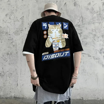Harajuku Cat Eating Noodles Graphic Tee