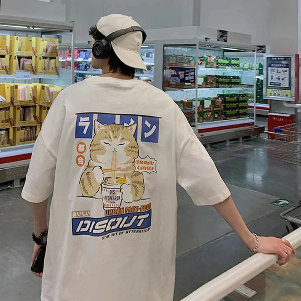Harajuku Cat Eating Noodles Graphic Tee