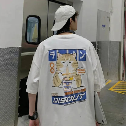 Harajuku Cat Eating Noodles Graphic Tee