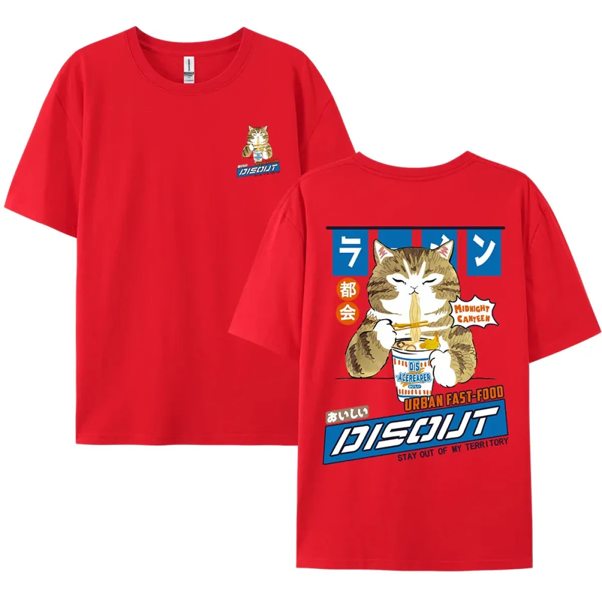 Harajuku Cat Eating Noodles Graphic Tee