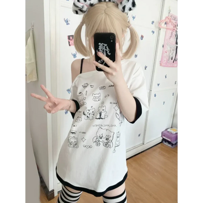 Harajuku Kawaii Cartoon Print Loose Tee – Gothic Sweet Style