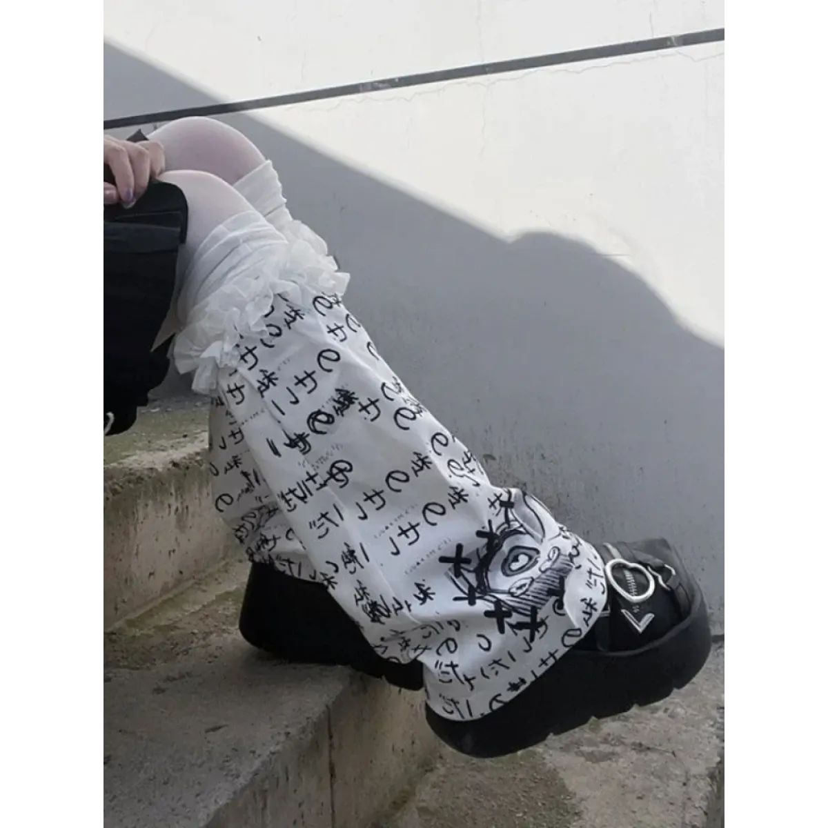 Black &amp; White Harajuku Leg Warmers – Gothic Print &amp; Lace Trim