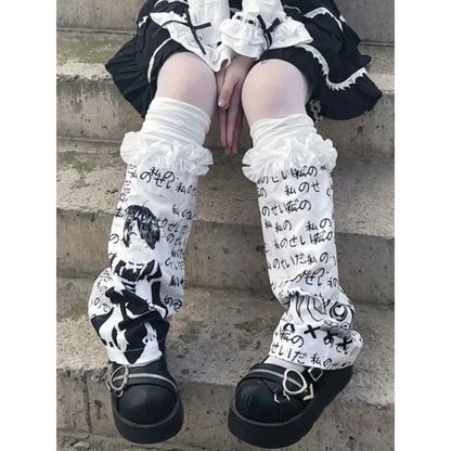 Black &amp; White Harajuku Leg Warmers – Gothic Print &amp; Lace Trim
