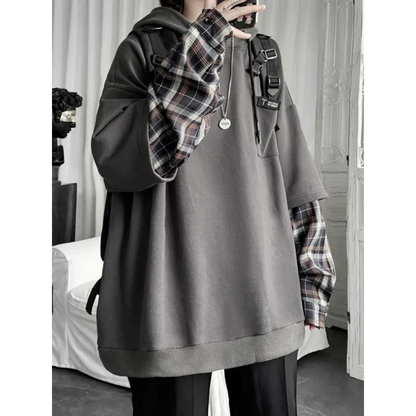 Harajuku Oversized Unisex Hoodie – Plaid Patchwork Grunge Style