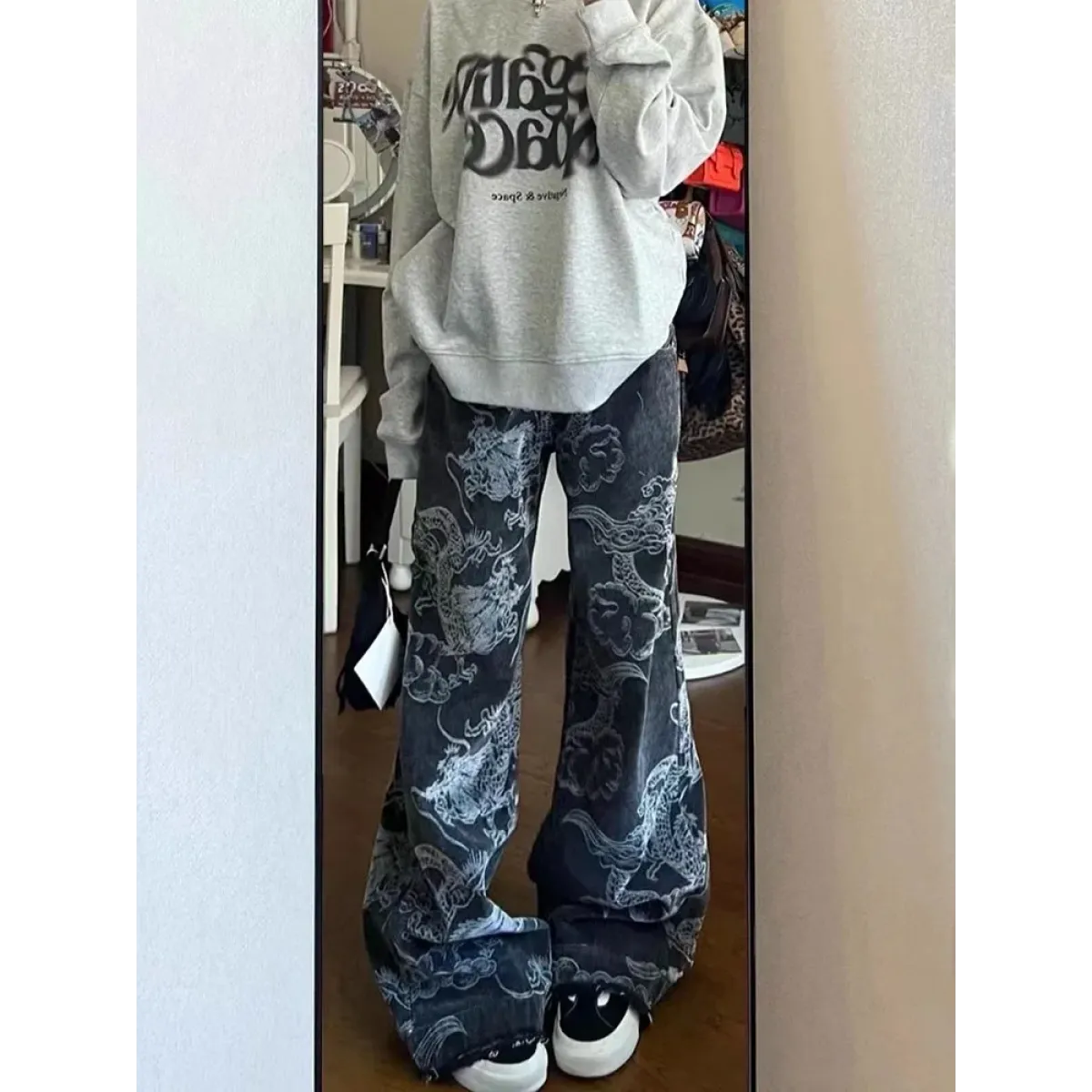 Gothic Dragon Print Baggy Jeans – Harajuku Y2K Aesthetic Denim