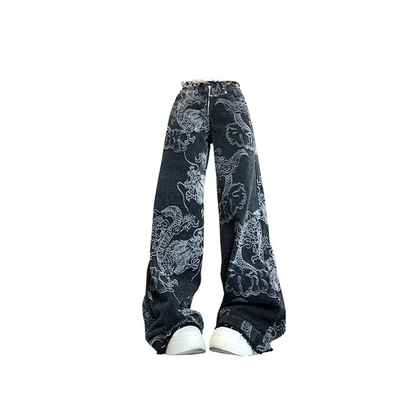 Gothic Dragon Print Baggy Jeans – Harajuku Y2K Aesthetic Denim