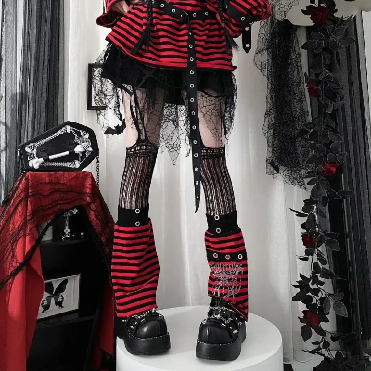 Striped Gothic Punk Top &amp; Leg Warmers – Harajuku Y2K Grunge
