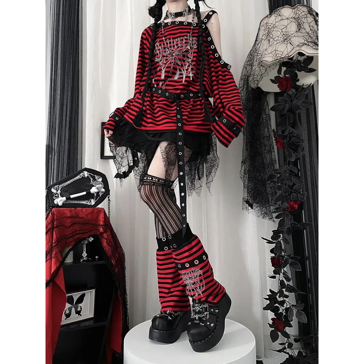 Striped Gothic Punk Top &amp; Leg Warmers – Harajuku Y2K Grunge