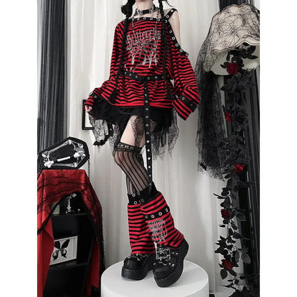 Striped Gothic Punk Top &amp; Leg Warmers – Harajuku Y2K Grunge