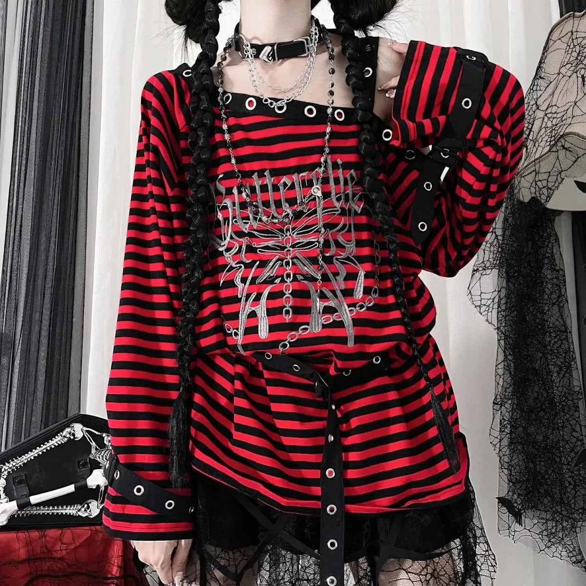Striped Gothic Punk Top &amp; Leg Warmers – Harajuku Y2K Grunge