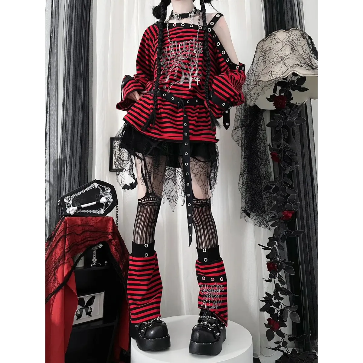 Striped Gothic Punk Top &amp; Leg Warmers – Harajuku Y2K Grunge