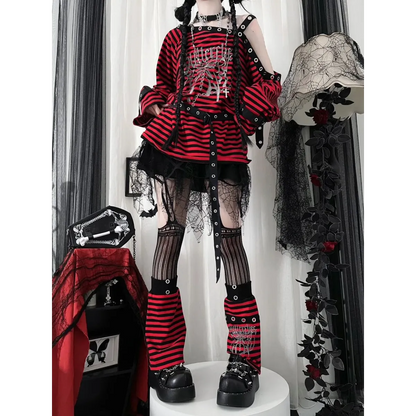 Striped Gothic Punk Top &amp; Leg Warmers – Harajuku Y2K Grunge