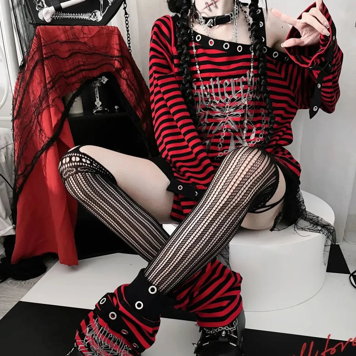Striped Gothic Punk Top &amp; Leg Warmers – Harajuku Y2K Grunge