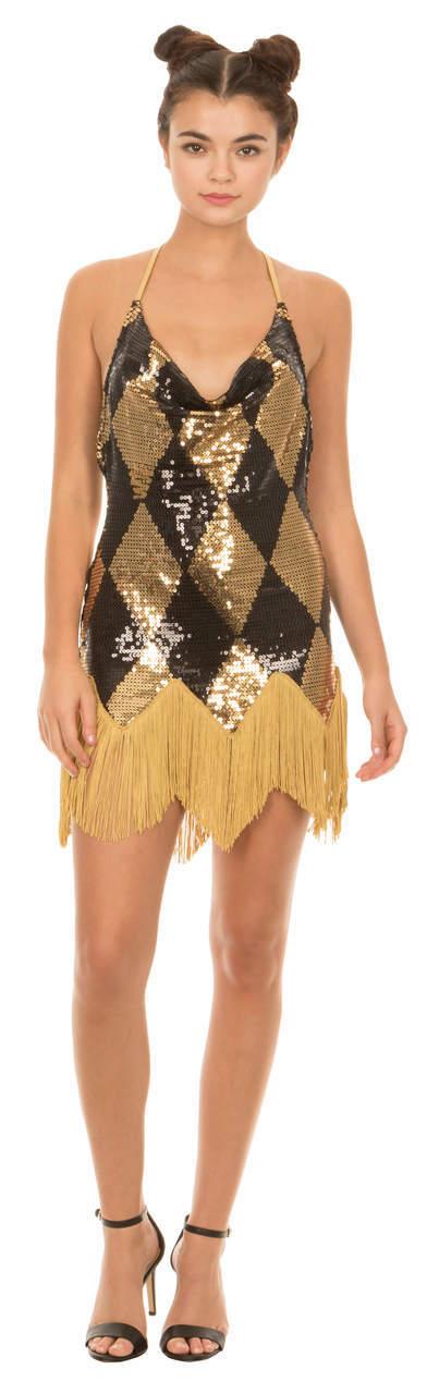 Harley Quinn Sequin Chemise Halloween Cosplay Costume Dress with Fringe