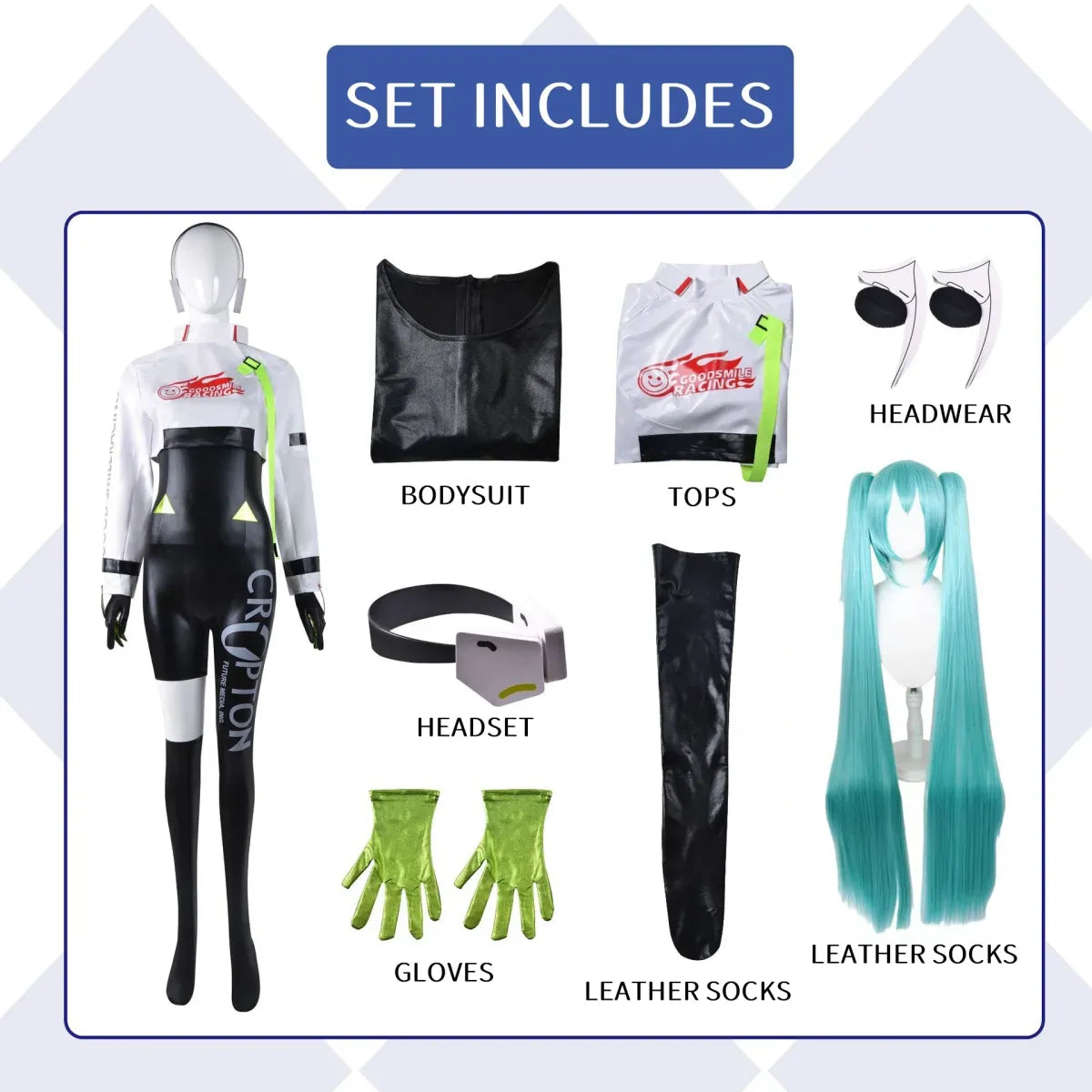 Hatsune Miku Racing 2022 Cosplay Costume – Full Bodysuit with Wig and Gloves