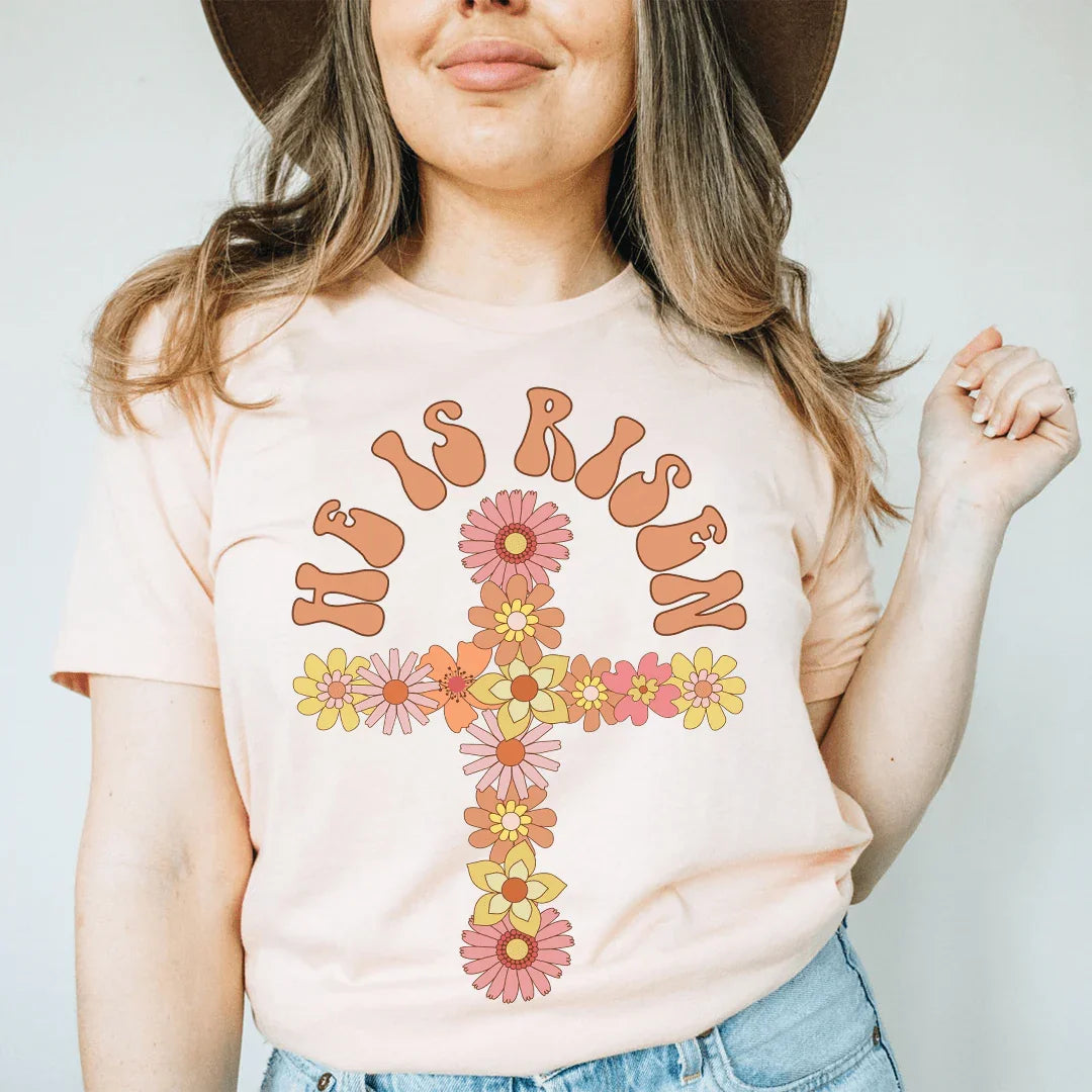 He Is Risen Floral Cross Tee
