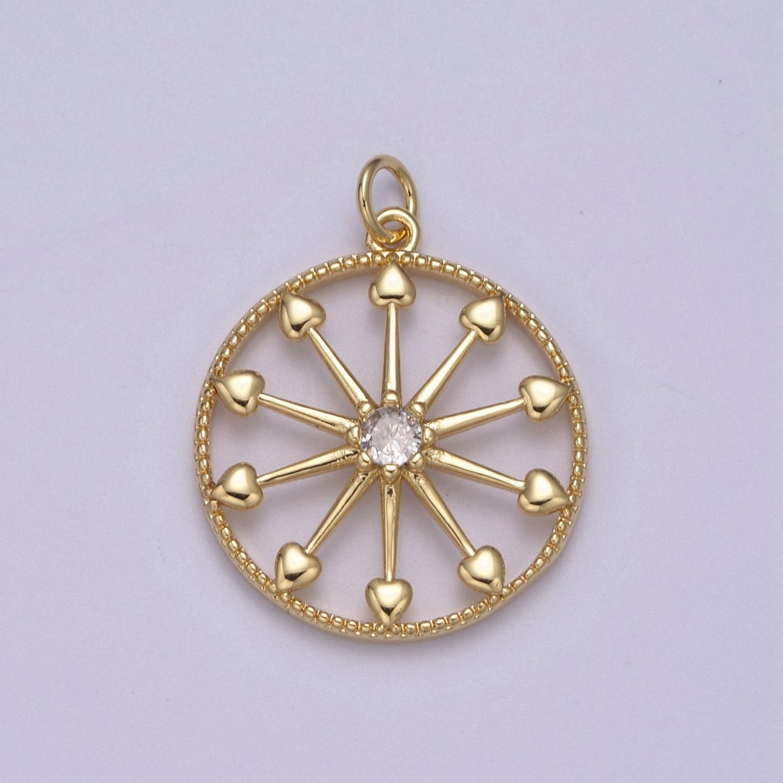 Heart Gold Wheel Micro Pave CZ Charm - Cubic Zirconia Pioneer Wagon Ferris Wheel Wholesale Charms N-389