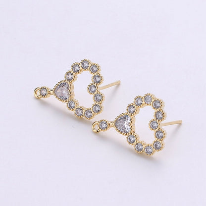 Heart Stud Earring Charm • 24k Gold Filled• Micro Pave Heart • Jewelry Making Supplies • Open Ring Attached for Jewelry Making Supply, K-402