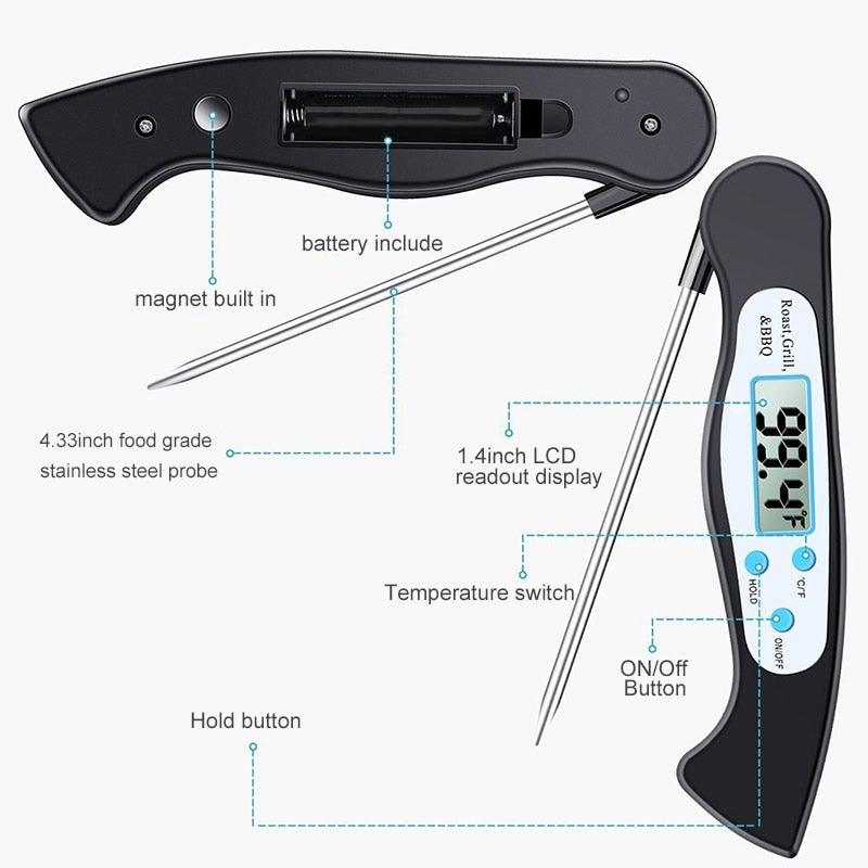 High Quality Foldable Food Thermometer Probe Digital BBQ Meat Kitchen Thermometer  Instant Read Meat Thermometer With 4.6” Folding Probe Backlight &amp; Calibration Function For Cooking Food Candy BBQ Grill Liquids Beef Liquid Water Oil Temperature Gauge