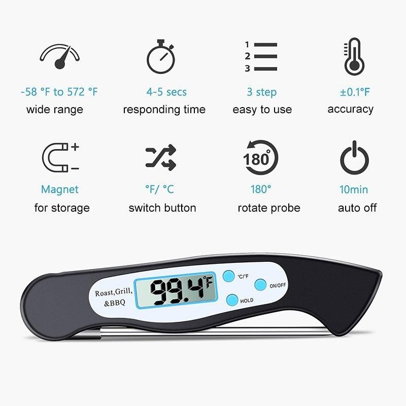 High Quality Foldable Food Thermometer Probe Digital BBQ Meat Kitchen Thermometer  Instant Read Meat Thermometer With 4.6” Folding Probe Backlight &amp; Calibration Function For Cooking Food Candy BBQ Grill Liquids Beef Liquid Water Oil Temperature Gauge