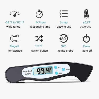 High Quality Foldable Food Thermometer Probe Digital BBQ Meat Kitchen Thermometer  Instant Read Meat Thermometer With 4.6” Folding Probe Backlight &amp; Calibration Function For Cooking Food Candy BBQ Grill Liquids Beef Liquid Water Oil Temperature Gauge