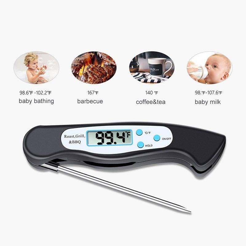 High Quality Foldable Food Thermometer Probe Digital BBQ Meat Kitchen Thermometer  Instant Read Meat Thermometer With 4.6” Folding Probe Backlight &amp; Calibration Function For Cooking Food Candy BBQ Grill Liquids Beef Liquid Water Oil Temperature Gauge