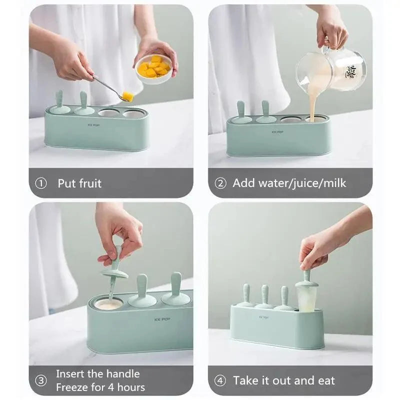 Home Ice Cream Mold Popsicle Tool Silicone 4-hole Popsicle Box Children Dessert Ice Cream Maker Kitchen Tools Diy Ice Cream