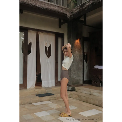 Bikini Set – High Waist Short Sleeve Pleated Korean Style