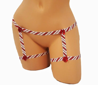 Candy Cane Christmas Cage Leg Garter Belt Holiday Lingerie