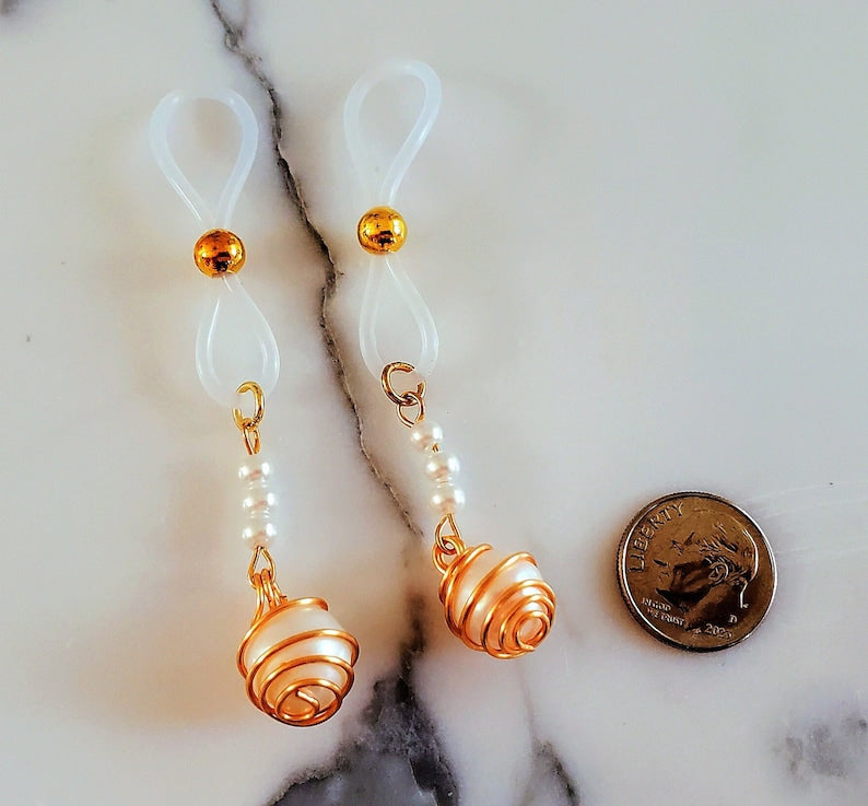 Clip On Gold Pearl Nipple Noose Jewelry, Erotic Fake Nipple Rings