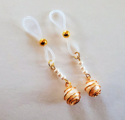 Clip On Gold Pearl Nipple Noose Jewelry, Erotic Fake Nipple Rings