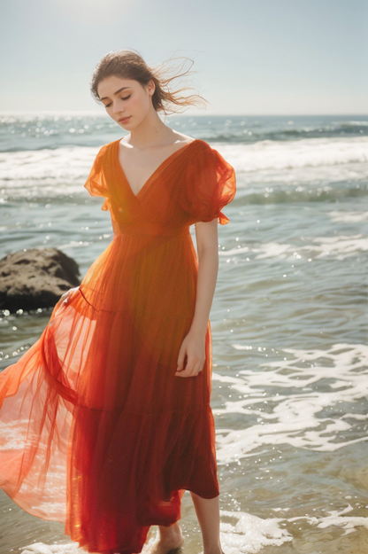 Cape-shoulder short sleeves ruched bodice V-neck layered skirt long tulle prom dress
