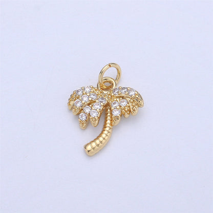Dainty Gold, Rose Gold, Black, Silver Palm Tree Charm - Pendant, Micro Pave Cubic CZ Crystal Pendant Gold filled, C-841