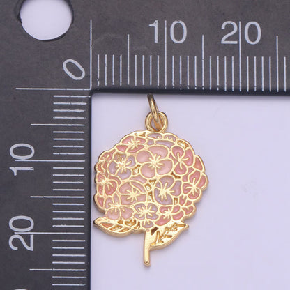14K Gold Filled 24mm Pink, Purple Enamel Hydrangeas Charm | E290 E291