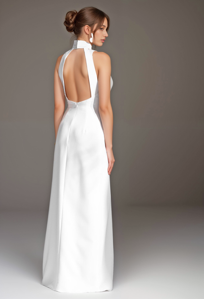 Elegant Haltered Hallowed Back Satin wedding dress thigh Split mini wedding dress