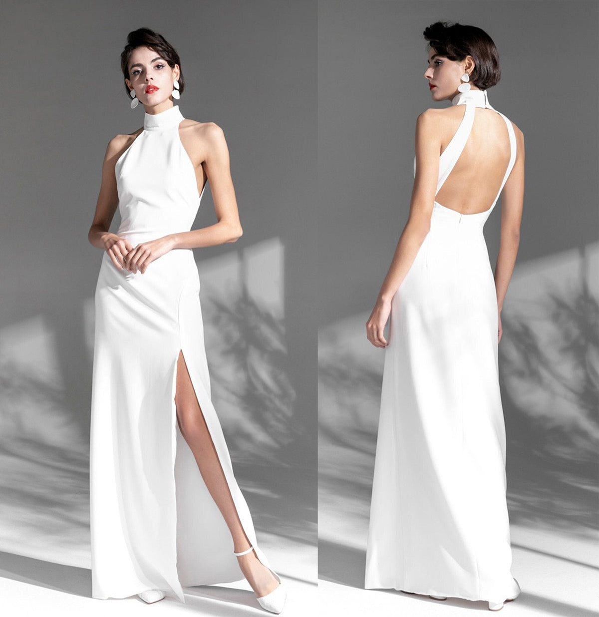 Elegant Haltered Hallowed Back Satin wedding dress thigh Split mini wedding dress