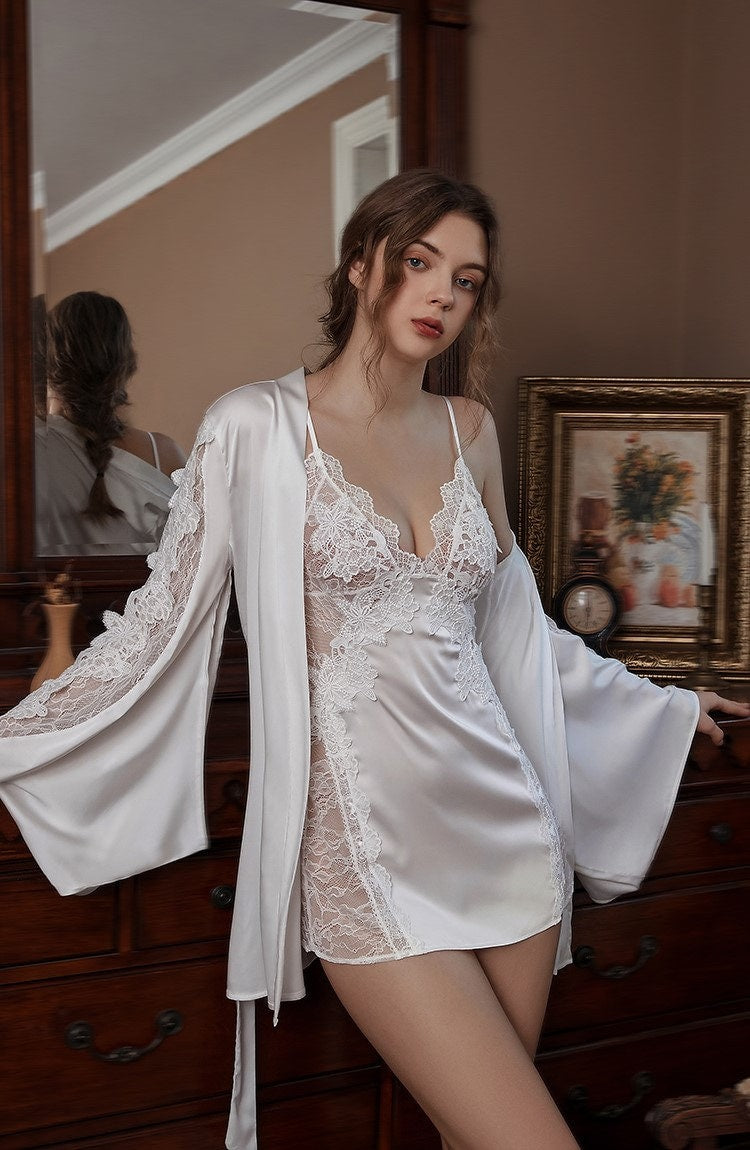 Victorian Style Lace Silky Lingerie Set - Elegant Night Dress &amp; Robe in 3 Colors Next Day Shipping