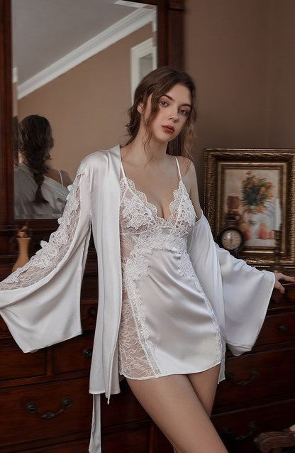 Victorian Style Lace Silky Lingerie Set - Elegant Night Dress &amp; Robe in 3 Colors Next Day Shipping
