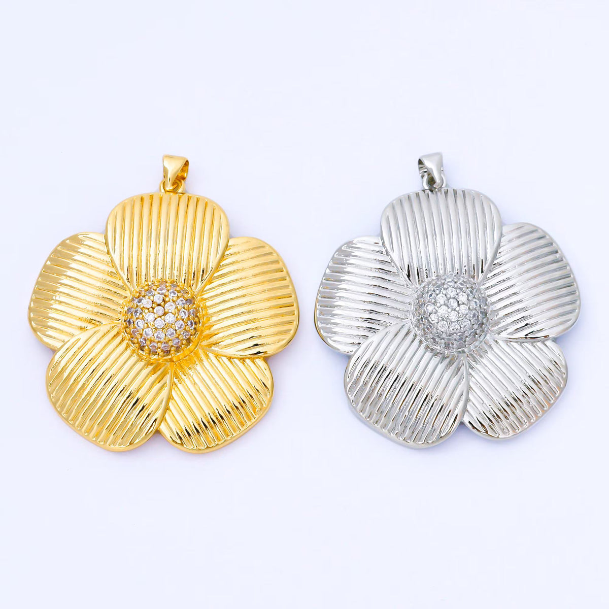 24K Gold Filled 41mm Micro Paved CZ Ribbed Flower Pendant in Gold &amp; Silver | AA1657 AA1660