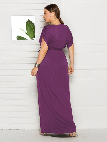 Maternity Knit Dress - Short Sleeve V-Neck Solid Color Dress