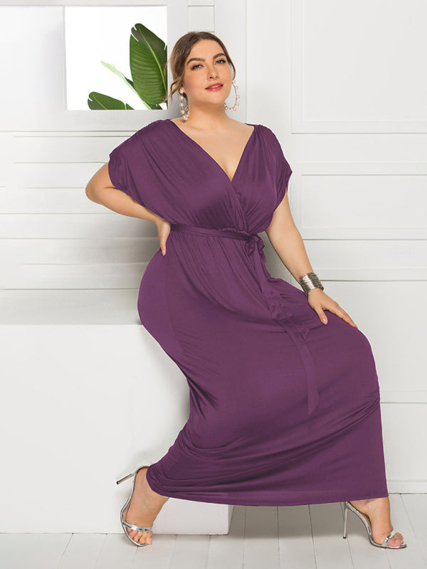 Maternity Knit Dress - Short Sleeve V-Neck Solid Color Dress