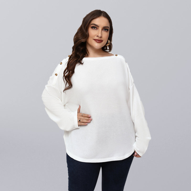 Plus Size Button Shoulder Knit Top Women Casual Long Sleeve Blouse
