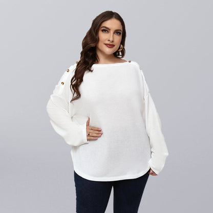 Plus Size Button Shoulder Knit Top Women Casual Long Sleeve Blouse