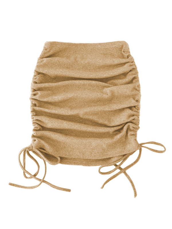 Knit Rib Skirt Women Side Drawstring Stretch Ruffle Mini Skirt