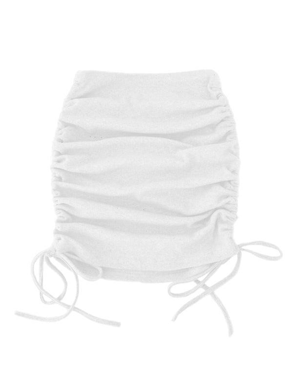 Knit Rib Skirt Women Side Drawstring Stretch Ruffle Mini Skirt