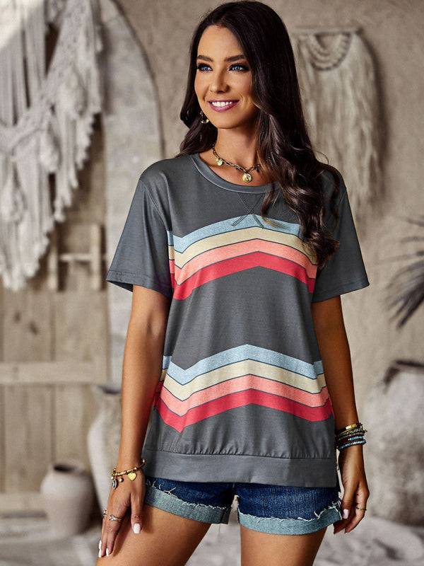 Modern round neck T-shirt rainbow strip top