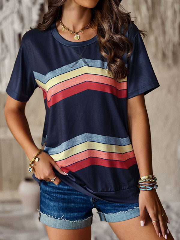 Modern round neck T-shirt rainbow strip top