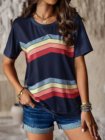 Modern round neck T-shirt rainbow strip top